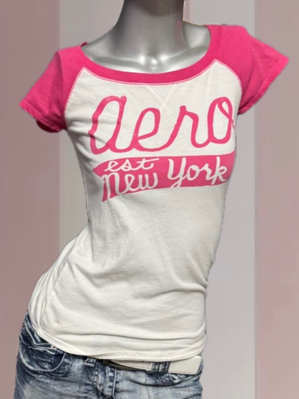 Aeropostale Y2K Pink/White Baby Tee W/ Glitter Font